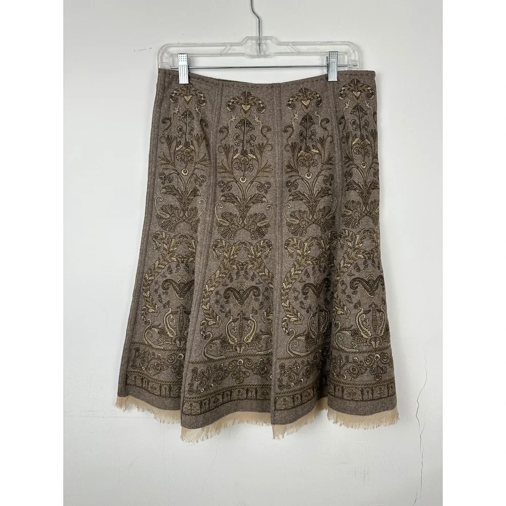 Elie Tahari Bergdorf Goodman Brown Wool Embroidered Midi Skirt Size 6 Fringe Hem